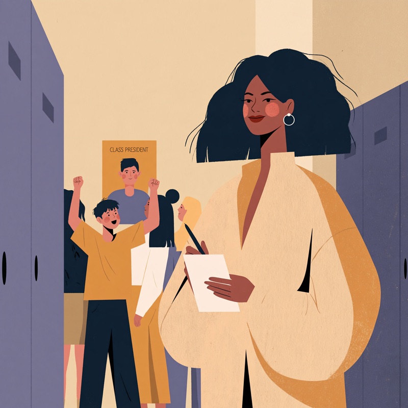 Une femme prend des notes, souriante, dans un couloir d'école animé