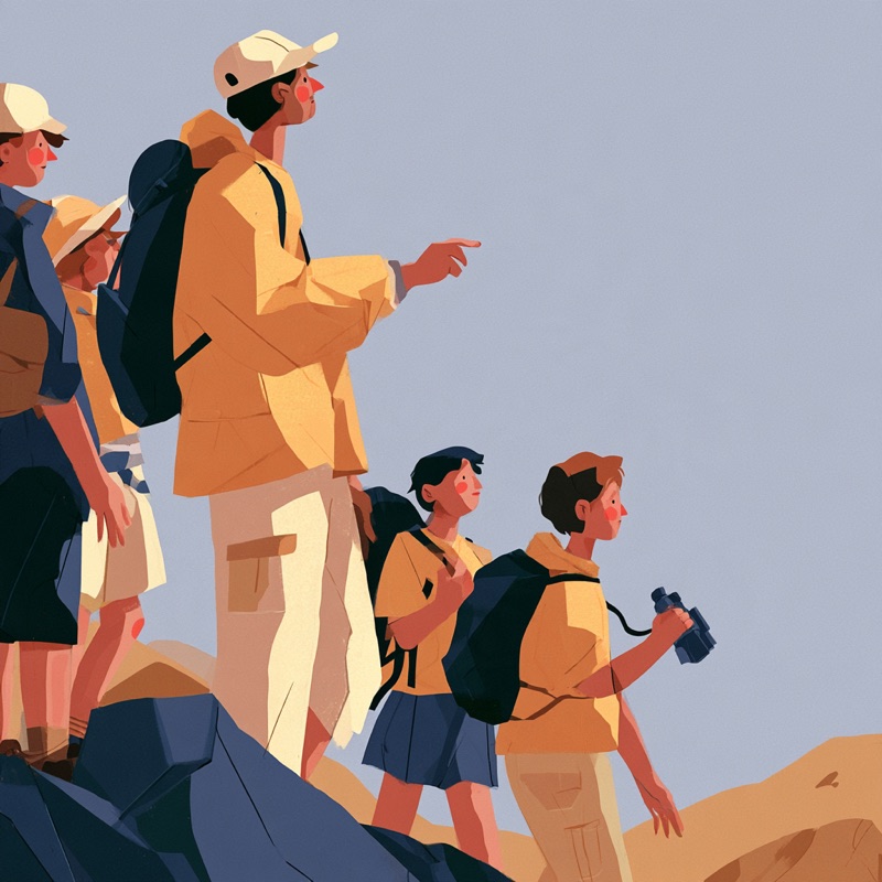 Un adulte guide un groupe d'enfants en randonnée