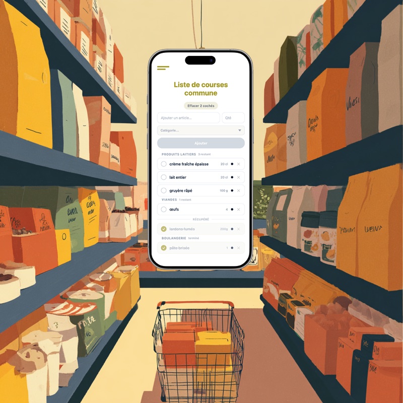 Un rayon de supermarché avec un panier de courses